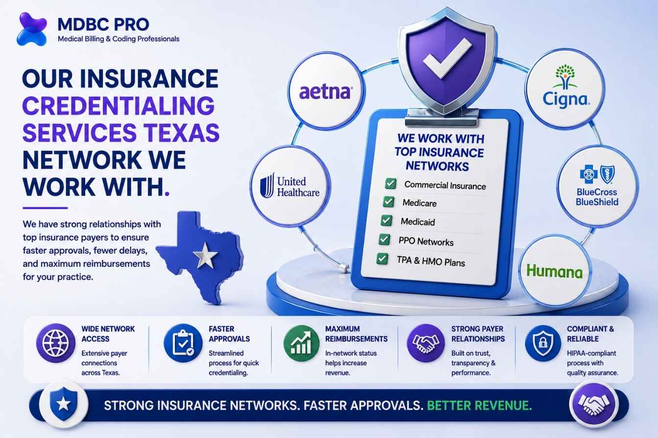 insurance credentialing services Texas network image showing provider enrollment with major insurance payers and healthcare credentialing services.