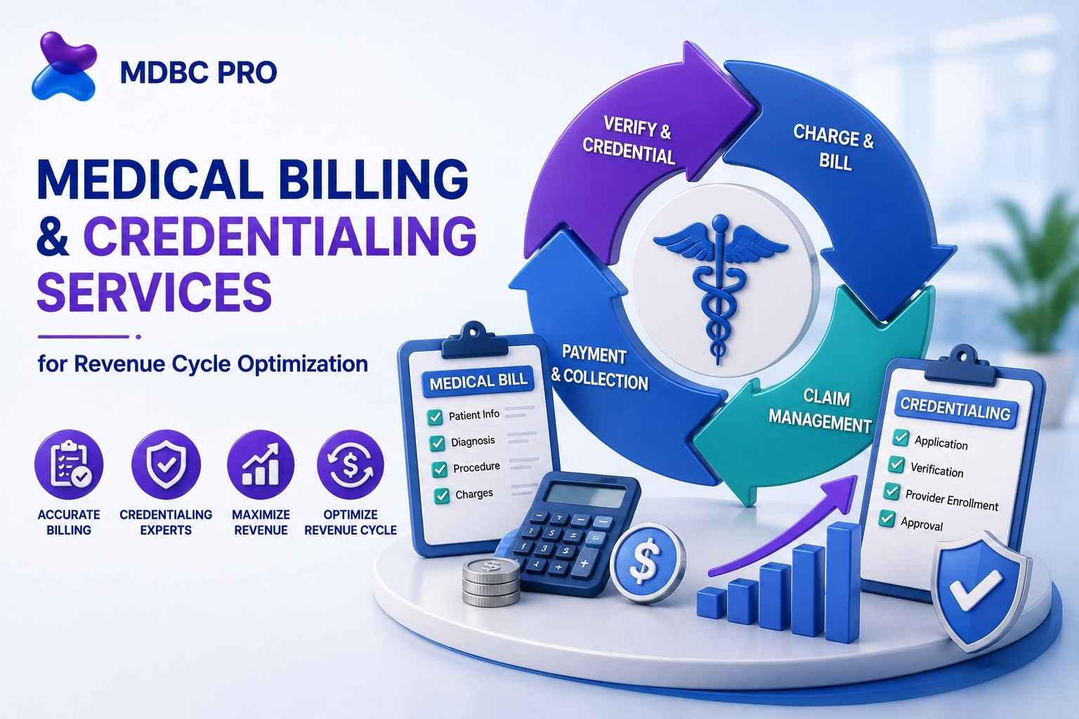 3D medical billing and credentialing services graphic for revenue cycle optimization, claims management, and provider enrollment.