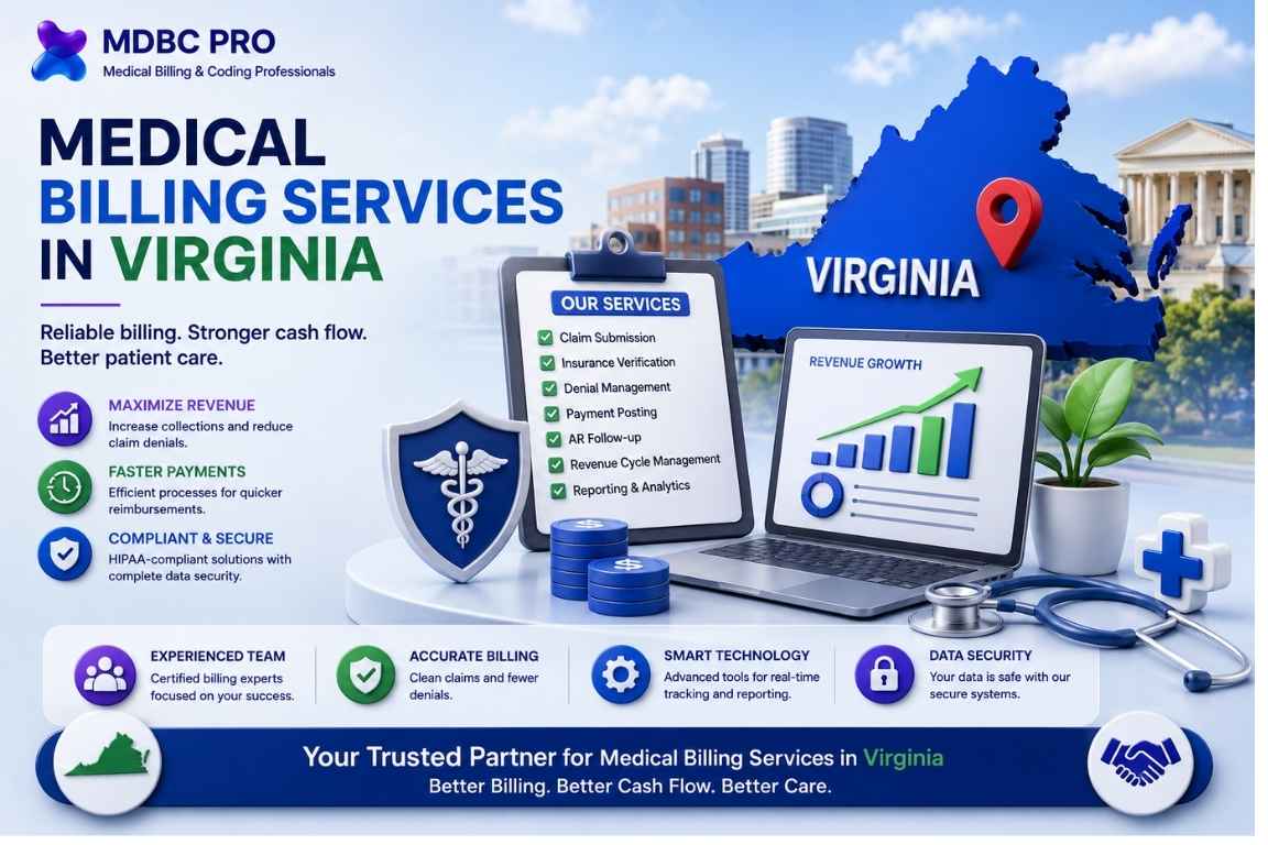 medical billing services in virginia featuring revenue cycle management, claims processing, denial management, insurance verification, and HIPAA-compliant billing solutions.