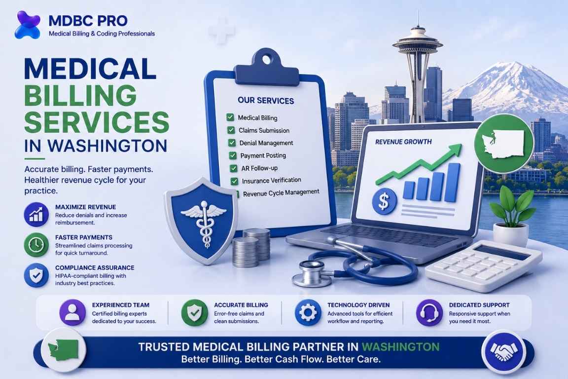 Medical billing services in Washington featuring revenue cycle management, claims processing, payment posting, and HIPAA-compliant healthcare billing solutions.