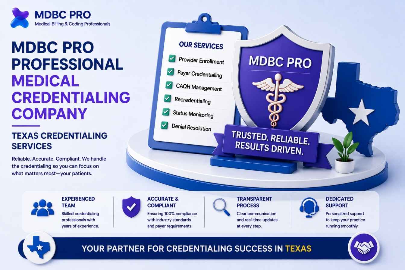 medical credentialing company Texas image featuring professional provider credentialing services, payer enrollment, and healthcare compliance solutions.