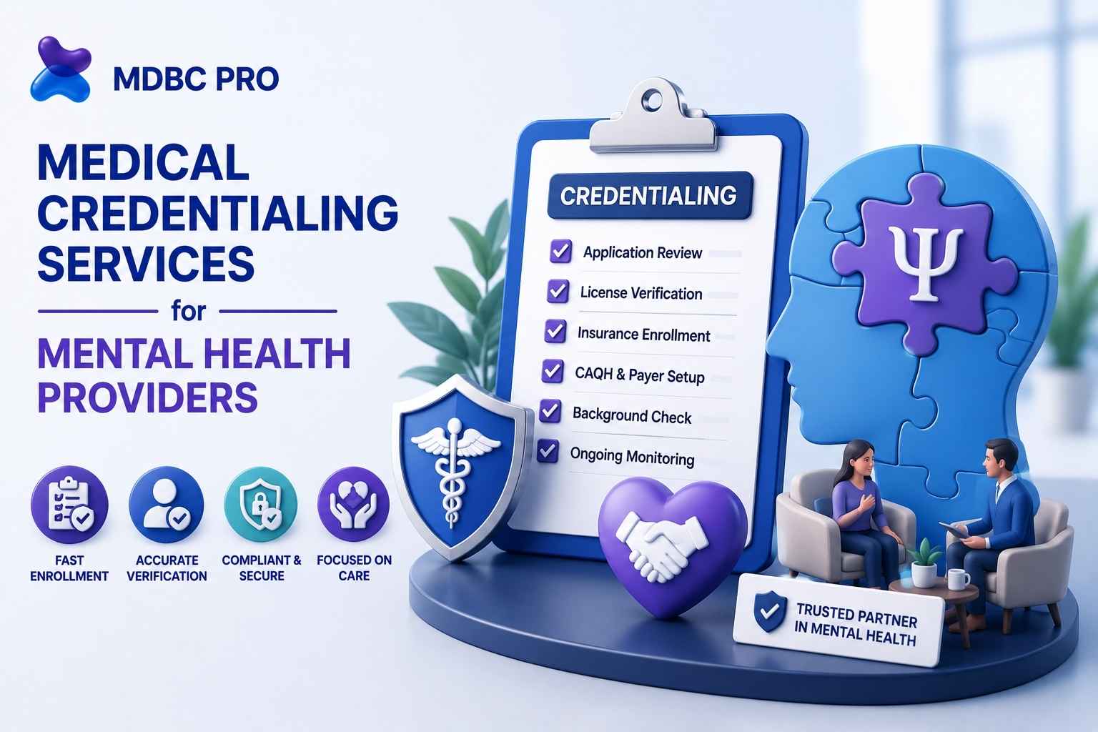 3D mental health provider credentialing services banner featuring behavioral health enrollment and physician verification solutions.