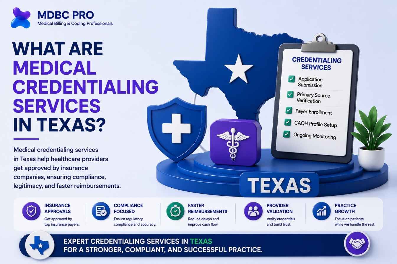 medical credentialing services in texas image featuring provider enrollment, payer credentialing, CAQH profile setup, and healthcare compliance solutions.