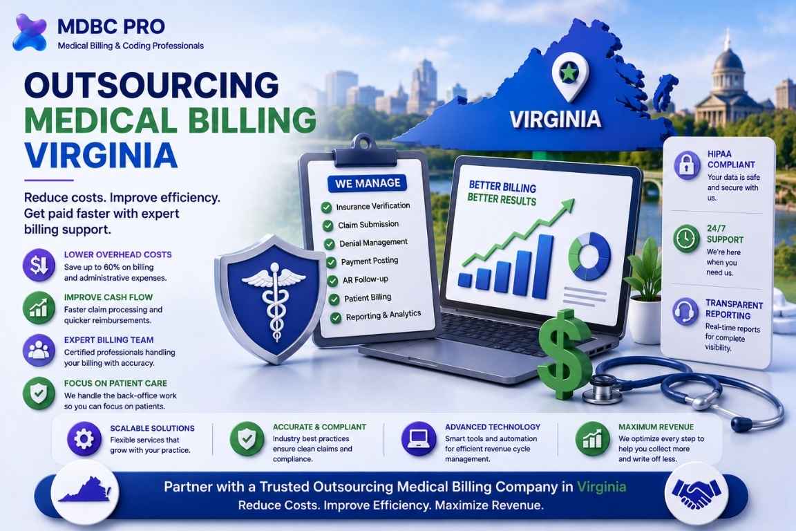 Outsourcing medical billing Virginia services featuring cost reduction, revenue growth, claims management, HIPAA compliance, and healthcare billing support.