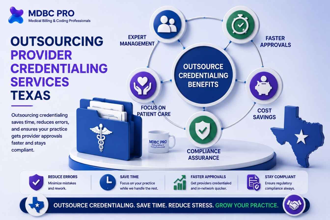 Provider credentialing services Texas image featuring outsourced credentialing solutions, compliance management, and faster provider approvals.
