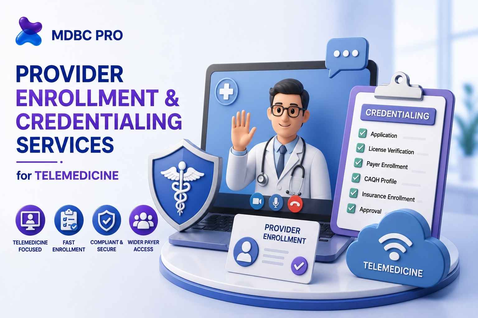 3D telemedicine provider enrollment and credentialing services image with virtual healthcare and payer enrollment solutions.