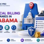 top medical billing companies in alabama with 3D healthcare billing graphics, HIPAA-compliant billing services, claim management, revenue cycle management, and MDBC Pro branding.