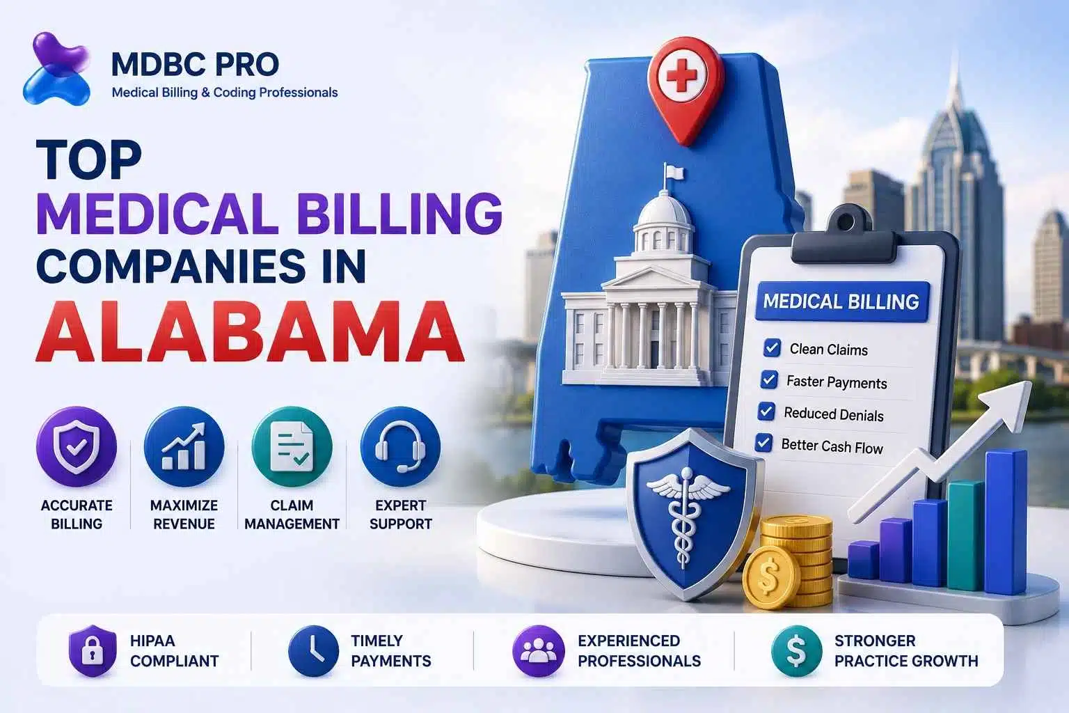 top medical billing companies in alabama with 3D healthcare billing graphics, HIPAA-compliant billing services, claim management, revenue cycle management, and MDBC Pro branding.