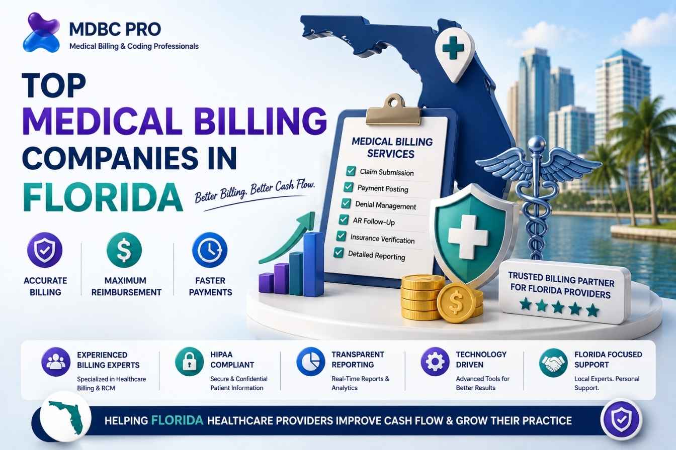 3D banner for top medical billing companies in florida featuring medical billing services, claims management, HIPAA compliance, and revenue cycle management solutions.
