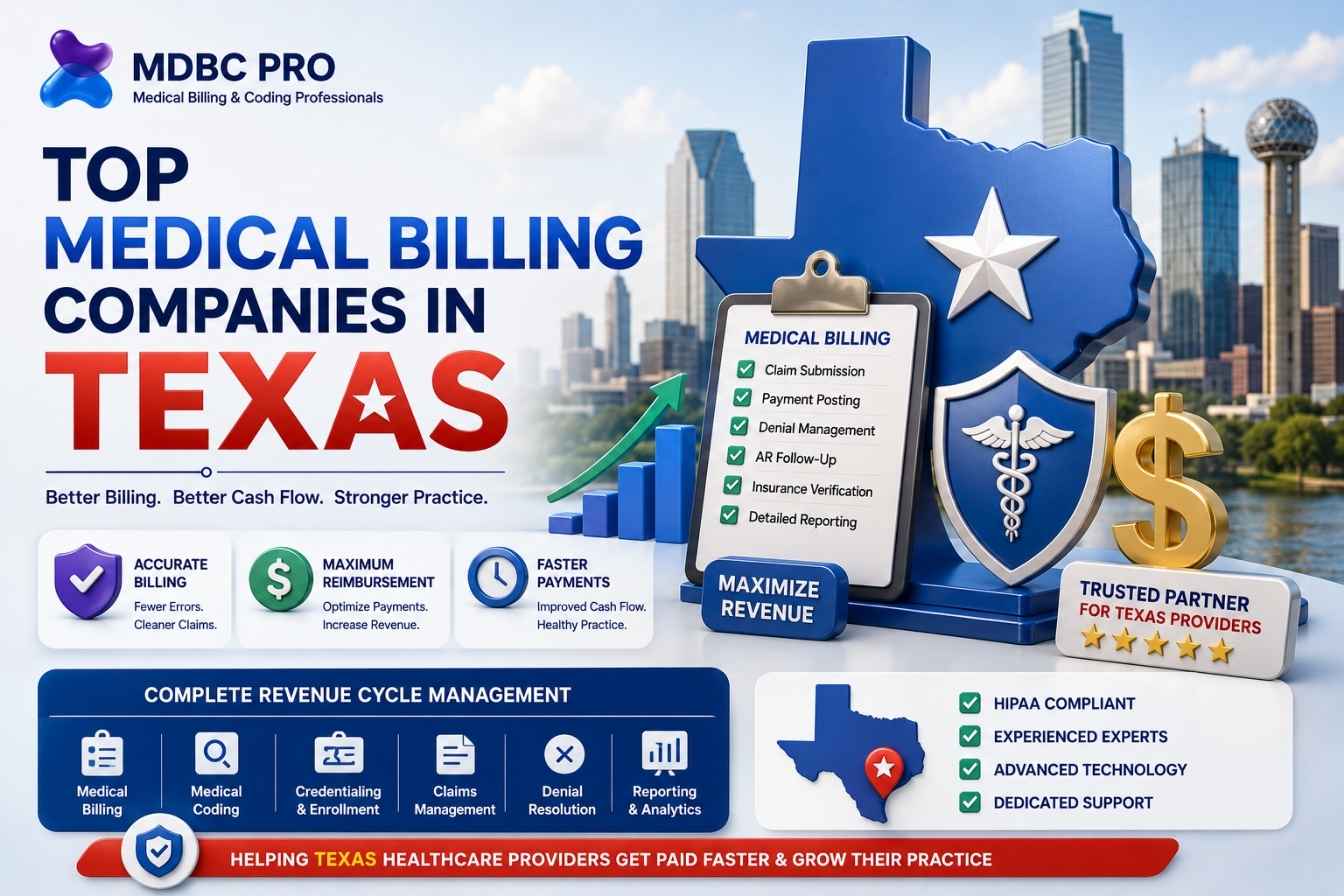3D banner for top medical billing companies in Texas featuring medical billing services, revenue cycle management, HIPAA compliance, and healthcare reimbursement solutions.