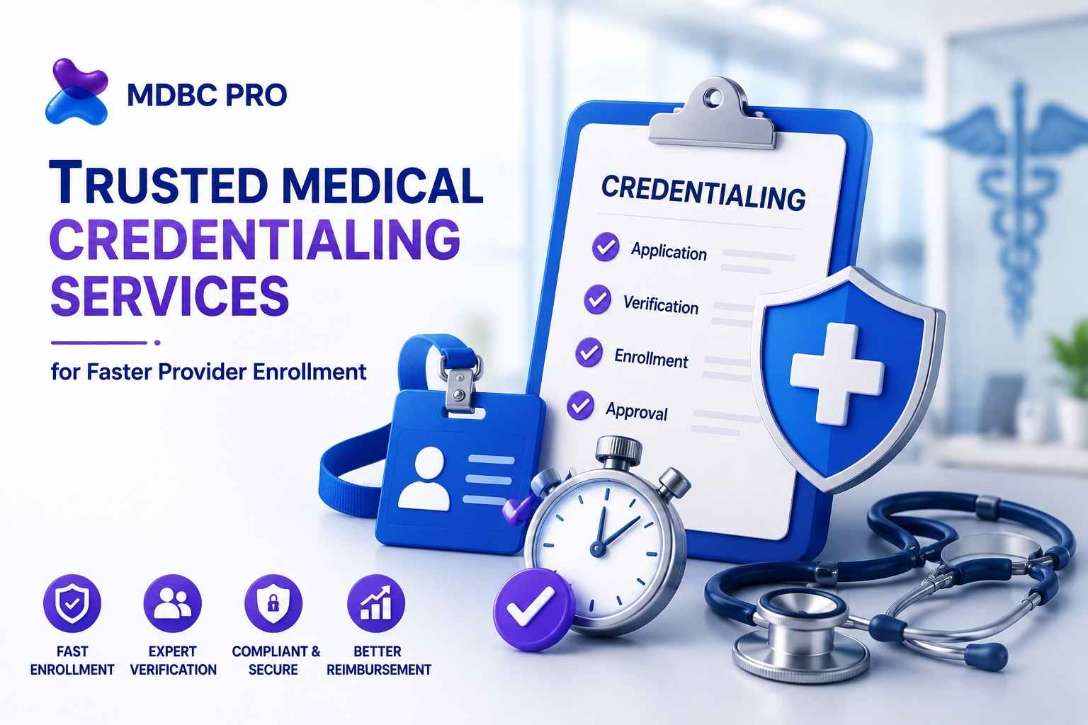 3D healthcare credentialing services banner for 2026 featuring provider enrollment, physician credentialing, and compliance solutions.