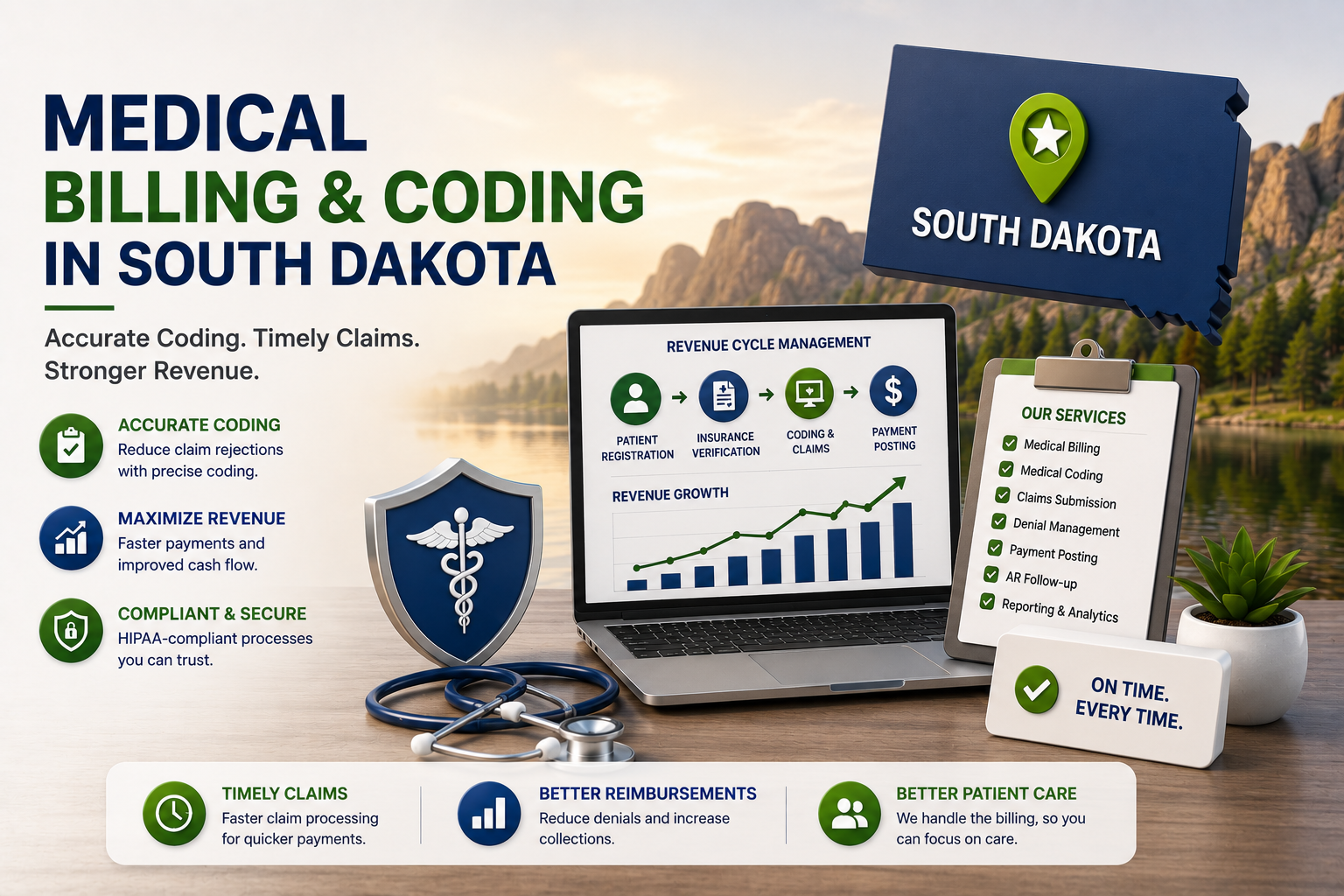 Medical billing and coding in South Dakota featuring ICD-10 coding, CPT coding, claims submission, denial management, and healthcare reimbursement solutions.