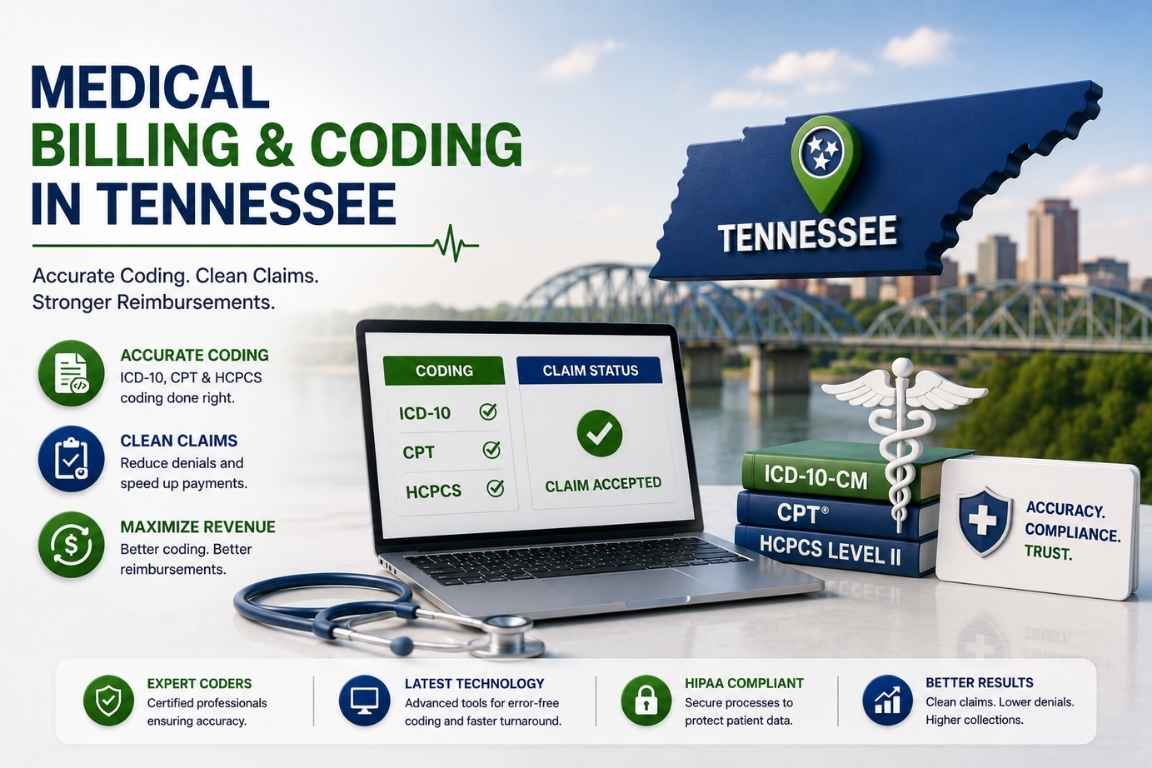 Medical billing and coding services in Tennessee performed by certified coders using ICD-10, CPT, and HCPCS coding standards.