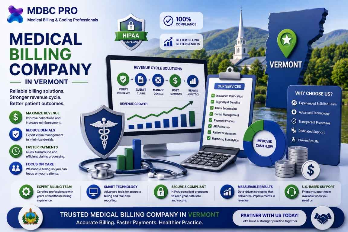 Medical billing company in Vermont providing claims management, medical coding, payment posting, insurance verification, and revenue cycle management services.