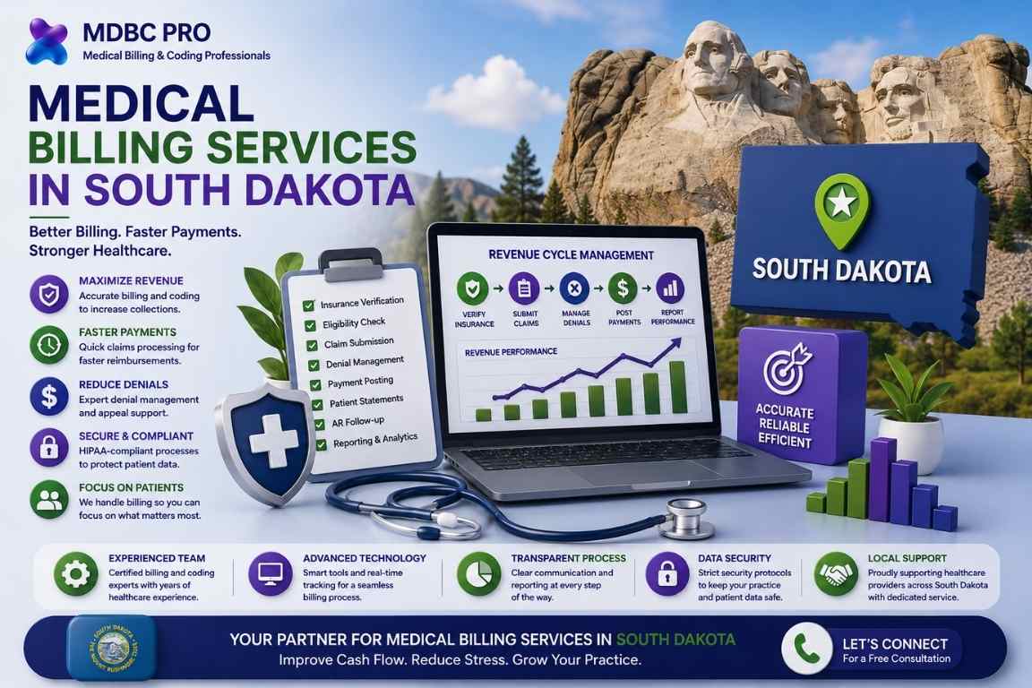 Medical billing services in South Dakota featuring revenue cycle management, claims submission, denial management, insurance verification, and HIPAA-compliant billing solutions.