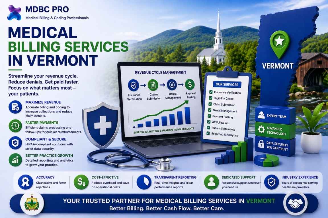 medical billing services in Vermont featuring revenue cycle management, claims submission, denial management, insurance verification, and HIPAA-compliant billing solutions.